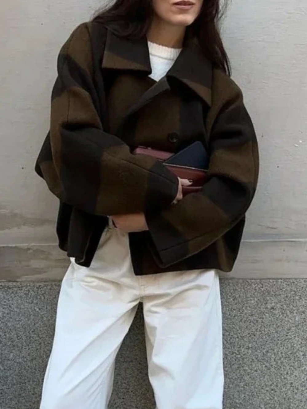 Oversized Brown Plaid Wool Jacket - Women's Coat